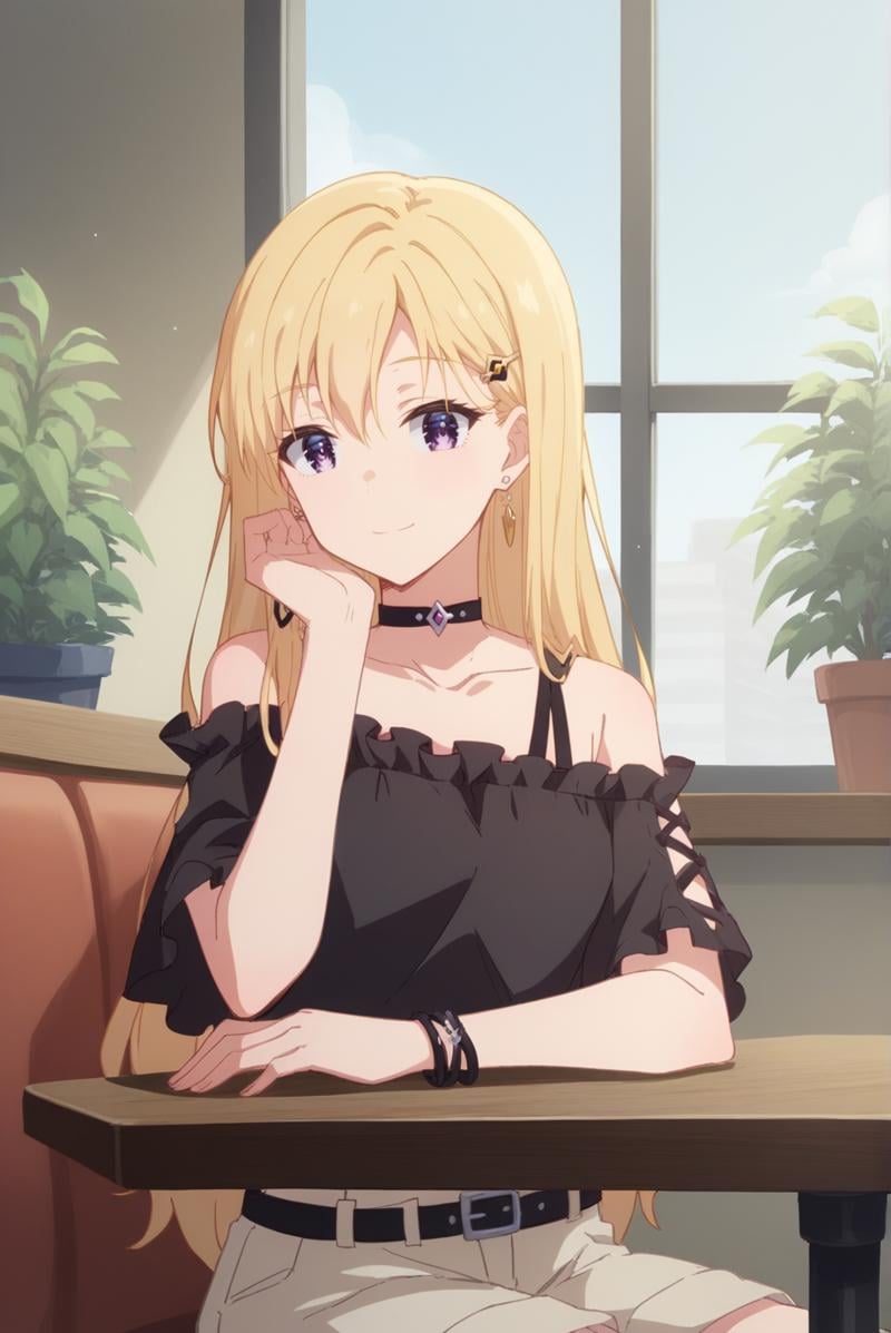 score_9, score_8_up, score_7_up, score_6_up, score_5_up, score_4_up, BREAK source_anime, 1girl, solo,<lora:AyaseSakiXL-v1-07:0.8>, ChopioAyase, long hair, blonde hair, shiny hair, hair between eyes, purple eyes, highly detailed eyes, hair clip, looking at viewer,earrings, bracelet, straight hair,outfit_1, black choker, (single bare shoulder:1.2), shoulder strap, black shirt, frilled shirt, short sleeves, black belt, beige shorts,cafe, window, potted plant, table, head rest,sitting, smile,