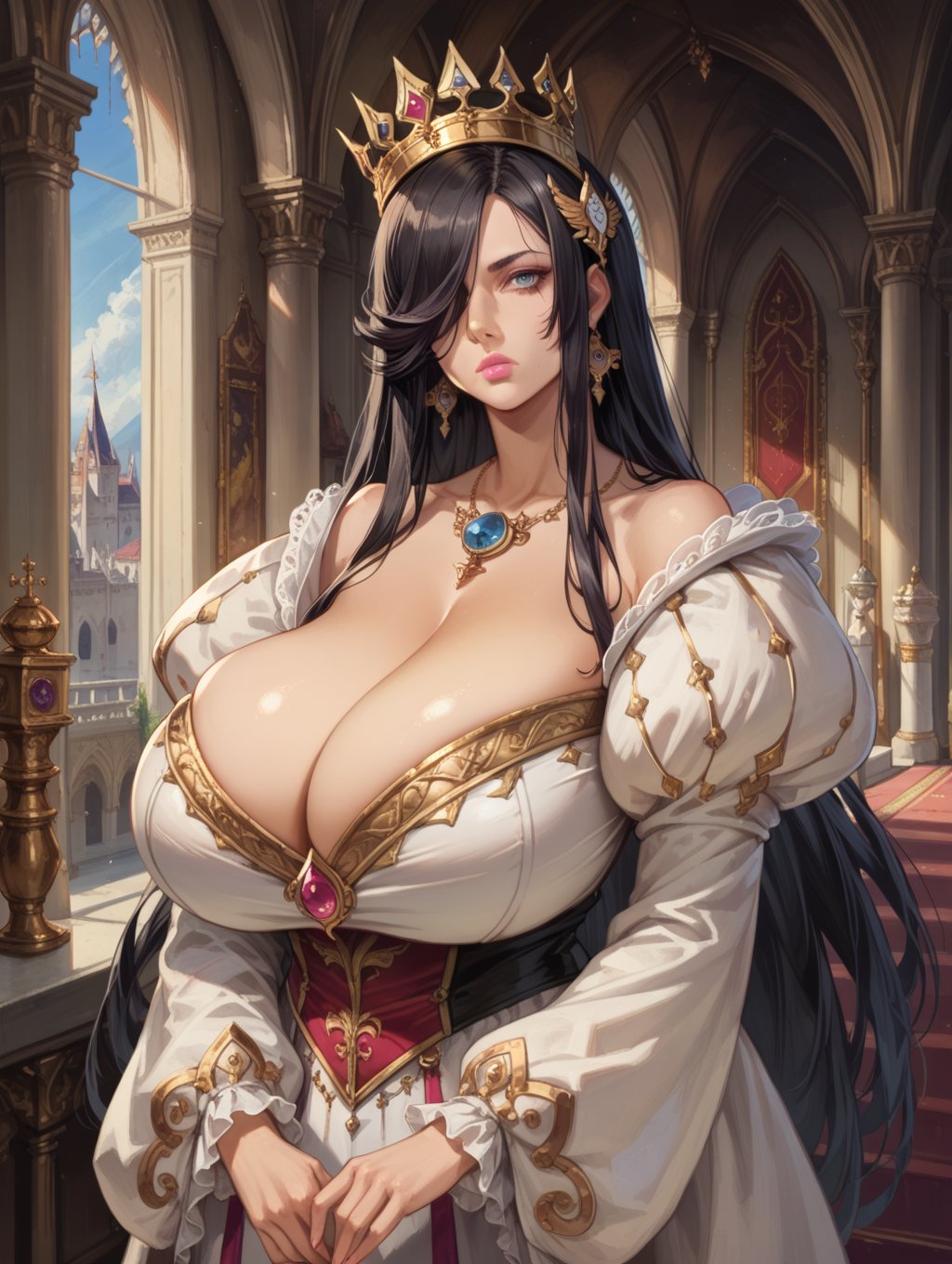 score_9, score_8_up, score_7_up, fantasy, palace, indoors, cowboy shot, solo, long hair, hair over one eye, gigantic breasts,expressionless,  pink lips, black hair, slolita fashion, v-neck, crown hair ornament, 