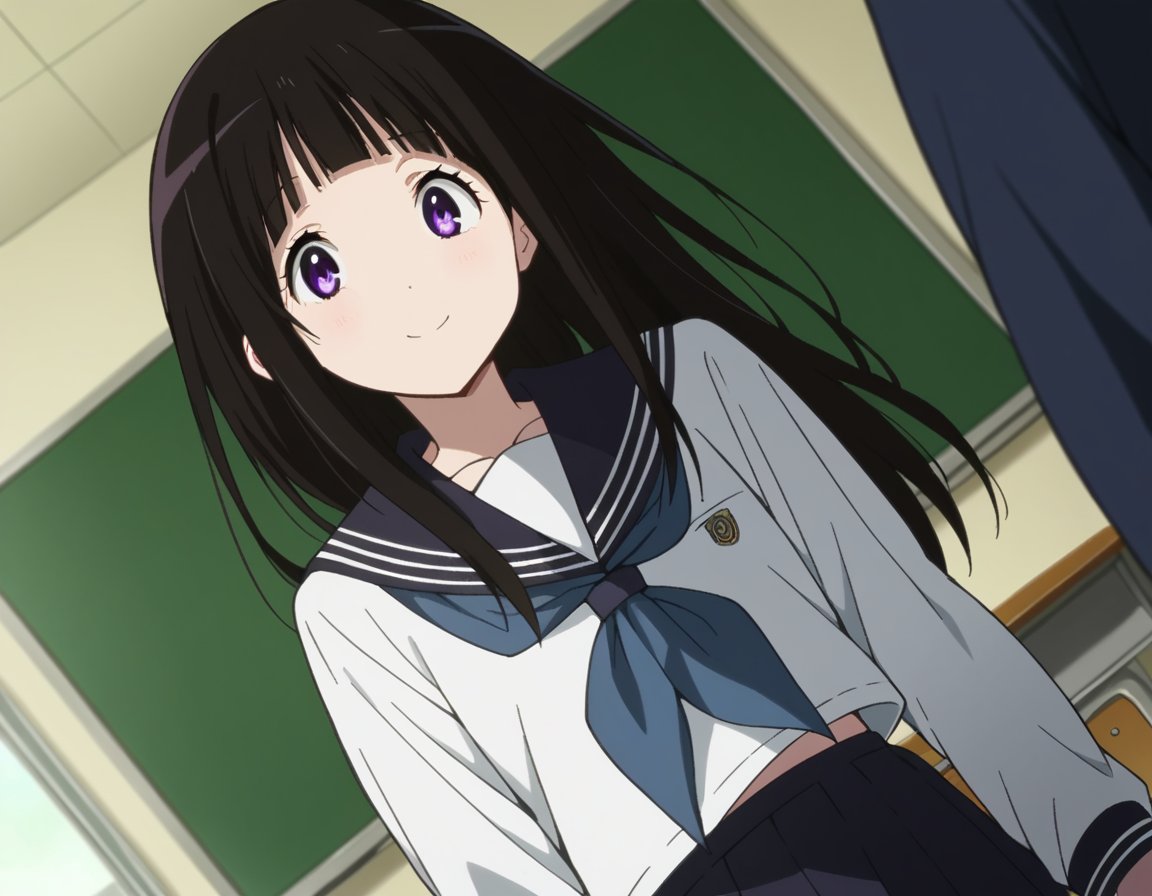 score_9, score_8_up, score_7_up, source_anime,eruchitanda, <lora:eru-chitanda-s1-ponyxl-lora-nochekaiser:1>,eru chitanda, long hair, black hair, bangs, blunt bangs, purple eyes, sidelocks,skirt, school uniform, serafuku, kamiyama high school uniform \(hyouka\), black skirt, long sleeves, black sailor collar,indoors, classroom, smile,looking at viewer, cowboy shot, dutch angle,