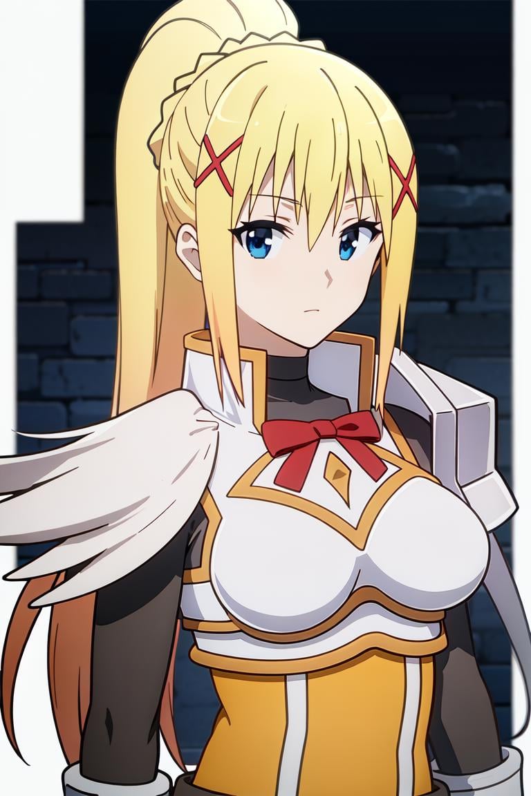 <lora:DarknessV2:0.7>darkness (konosuba), best quality, masterpieceportrait, looking at viewer, (white background), upper body, 1girl,solo,long hair,breasts,looking at viewer,blonde hair,hair ornament,gloves,ribbon,ponytail,black gloves,armor,x hair ornament,shoulder armor,pauldrons,darkness (konosuba)