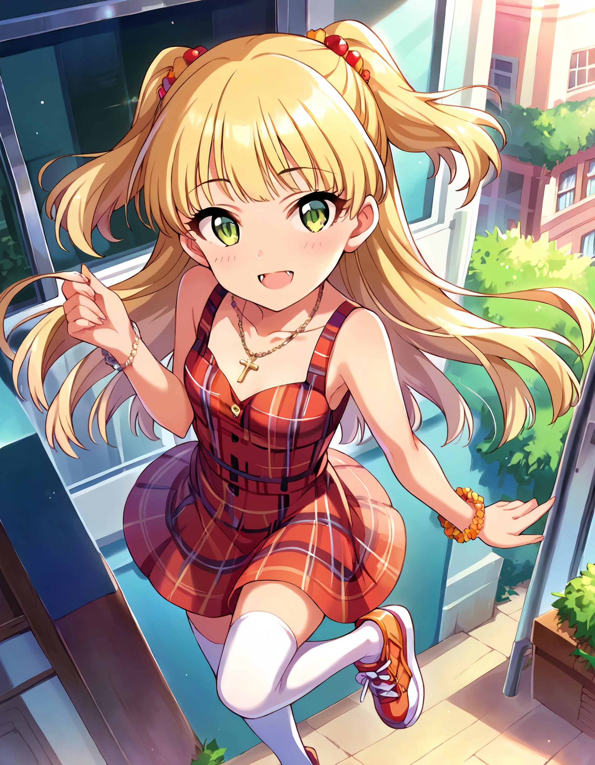 score_9, score_8_up, score_7_up, source_anime,pinup of 1girl, solo, fov, dating, joyful, blush, looking at viewer, from above, outdoors, Tokyo, building, display window, spring \(season\), day, sunlight,  <lora:JogasakiRika_pony_v1:0.8>jgskrk, petite, long hair, blonde hair, two side up, bangs, hair ornament, green eyes,  small breasts, fangs,red sundress, plaid dress, skirt, thighhighs, zettai ryouiki, sneakers, cross necklace, bangle,