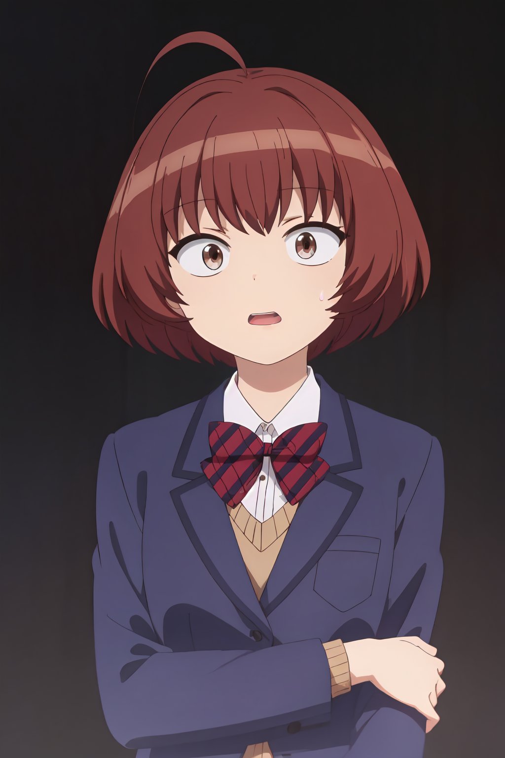 Akako Onigashima, (8k, HD), 1girl, solo, short hair, open mouth, simple background, brown hair, shirt, long sleeves, bow, brown eyes, school uniform, jacket, white shirt, upper body, ahoge, red hair, striped, collared shirt, bowtie, sweatdrop, red bow, sweater, blazer, blue jacket, black background, red bowtie, wide-eyed<lora:EMS-469265-EMS:0.800000>