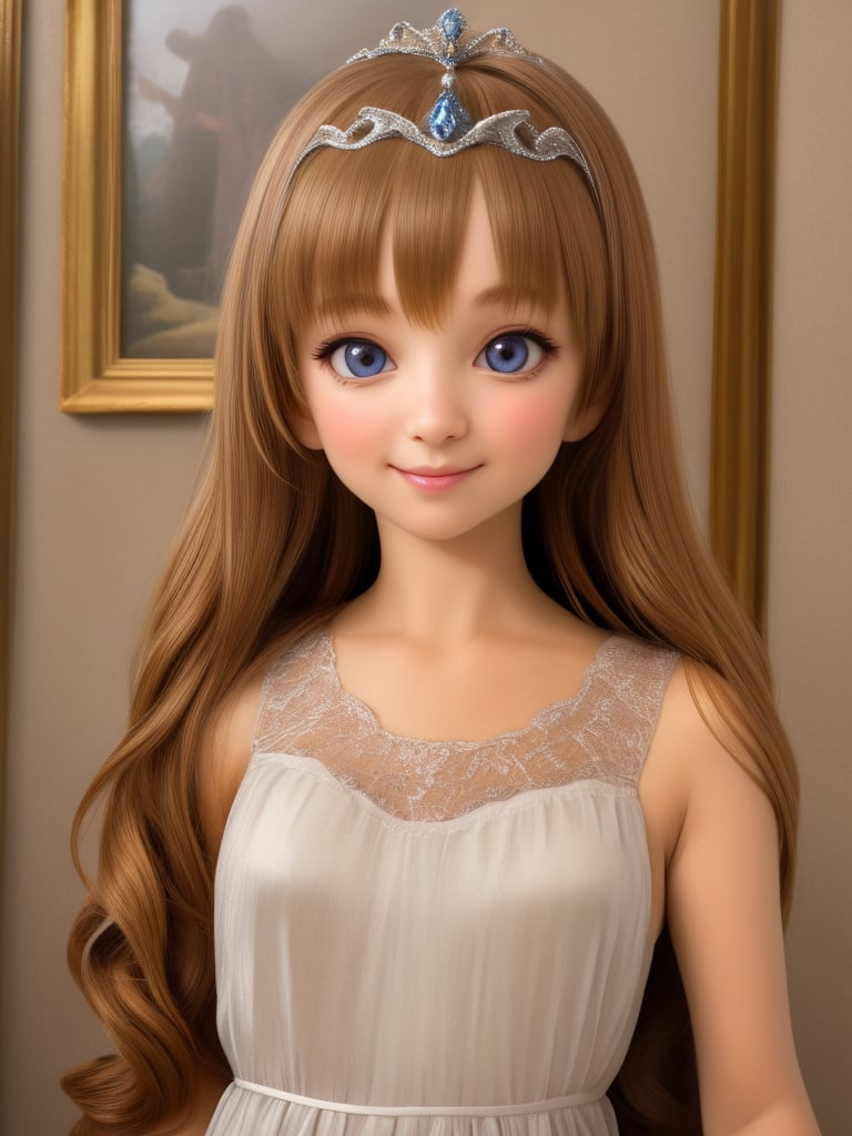 (masterpiece), (best quality), (extremely detailed), (1girl), solo, (pretty cute girl), looking at viewer, smile, slender, evenly sized eyes, extremely detailed eyes, white dress, tiara, cowboy shot, whole body, medieval classical room, indoors, extremely detailed wallpaper, (completely detailed features), 16k<lora:EMS-460859-EMS:0.900000>