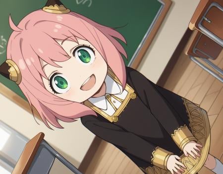 score_9, score_8_up, score_7_up, source_anime,anyaforger, <lora:anya-forger-ponyxl-lora-nochekaiser:1>,anya forger, anya forger, bangs, green eyes, pink hair, ahoge, hair ornament, hairpods, child, female child, smile,long sleeves, dress, school uniform, socks, black dress, eden academy school uniform,indoors, classroom, bent over, open mouth,looking at viewer, cowboy shot, dutch angle,