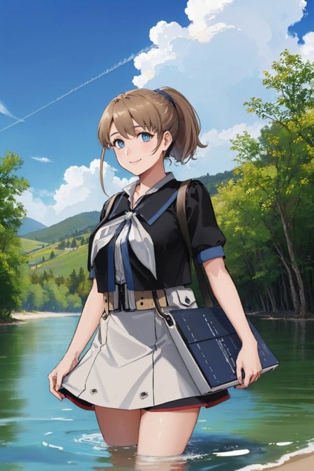 (masterpiece, best quality:1.2), <lyco:kancolle_intrepid-10:1.0>, cowboy shot, solo, 1girl, intrepid, smile, looking at viewer, wading, ponytail, black shirt, grey neckerchief, white skirt