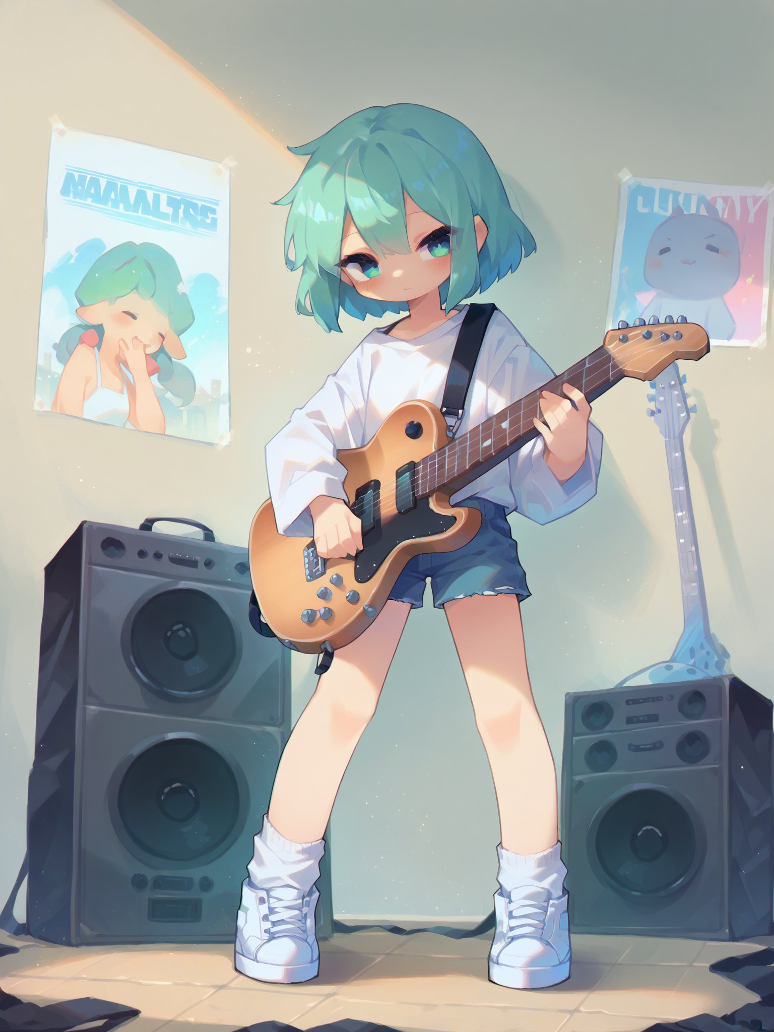 score_9, score_8_up, score_7_up, score_6_up, score_5_up, score_4_up, source_anime, rating_safe, embedding:zPDXL2, 1girl, solo, oversized shirt, white shirt, big shoes, white sneakers, shorts, white socks, indoors, movie posters, posters, standing, legs apart, holding guitar, electric guitar, short hair, speakers, amp,