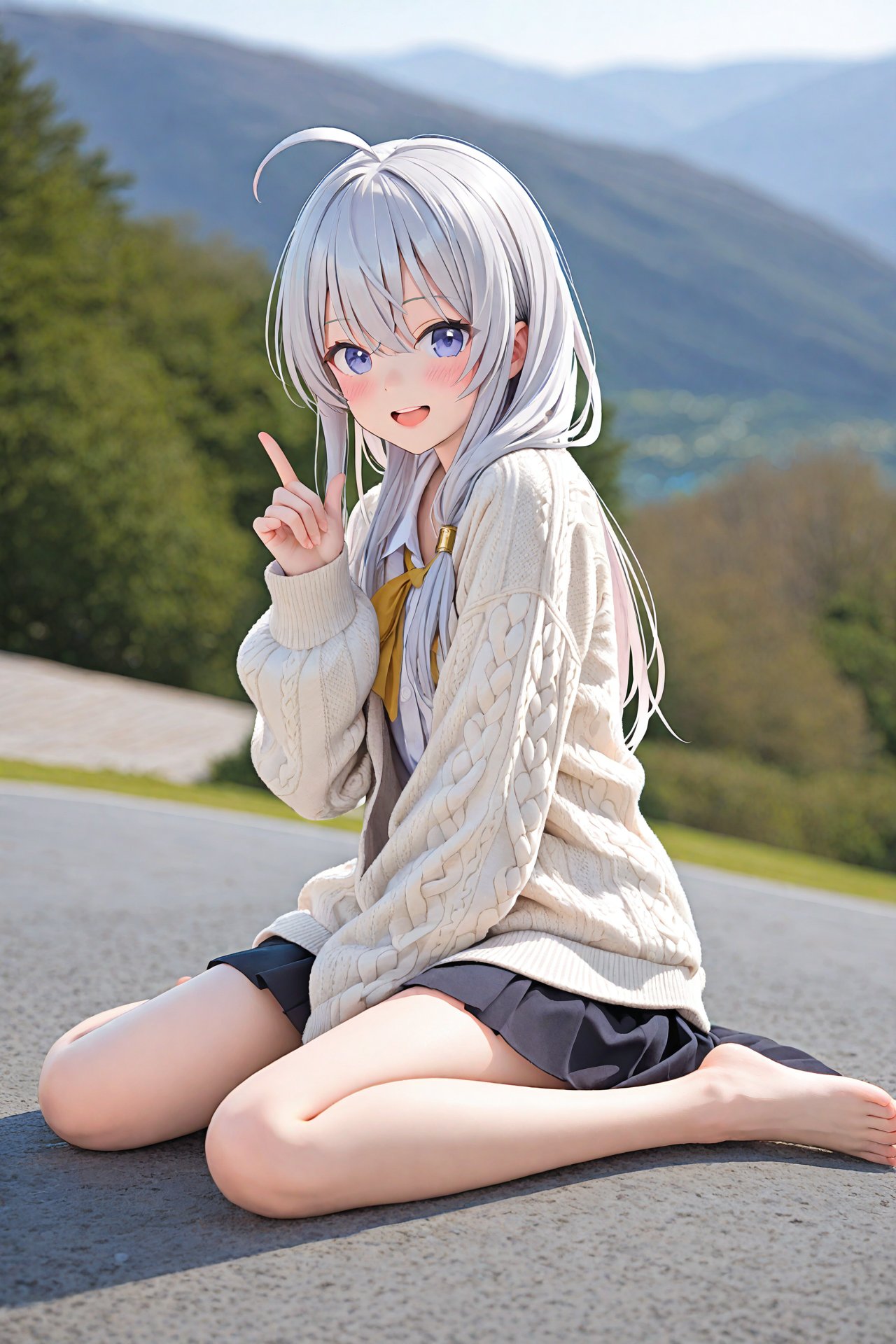 masterpiece,best quality,illustration,ultra detailed,hdr,Depth of field,(colorful),PVC Style,1girl,solo,elaina (majo no tabitabi),long hair,ahoge,barefoot,sitting,sweater,blue eyes,smile,looking at viewer,open mouth,long sleeves,wariza,aran sweater,cable knit,white sweater,grey hair,toes,index finger raised,feet,artist name,bare legs,legs,skirt,teeth,upper teeth only,black skirt,sleeves past wrists,between legs,hand between legs,blush,