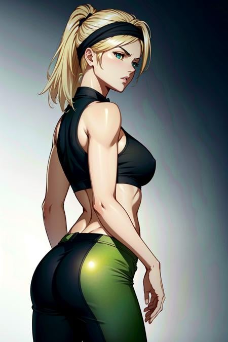 (extremely detailed CG unity 4k wallpaper),(masterpiece),(best quality),(ultra-detailed),(best illustration),(best shadow),(absurdres),(detailed background) <lora:OGT_Sonya_Blade-v1:0.7> Sonya Blade, MK3, 1girl, solo, blonde hair, headband, ass, pants, crop top, breasts, midriff, upper body, cowboy shot