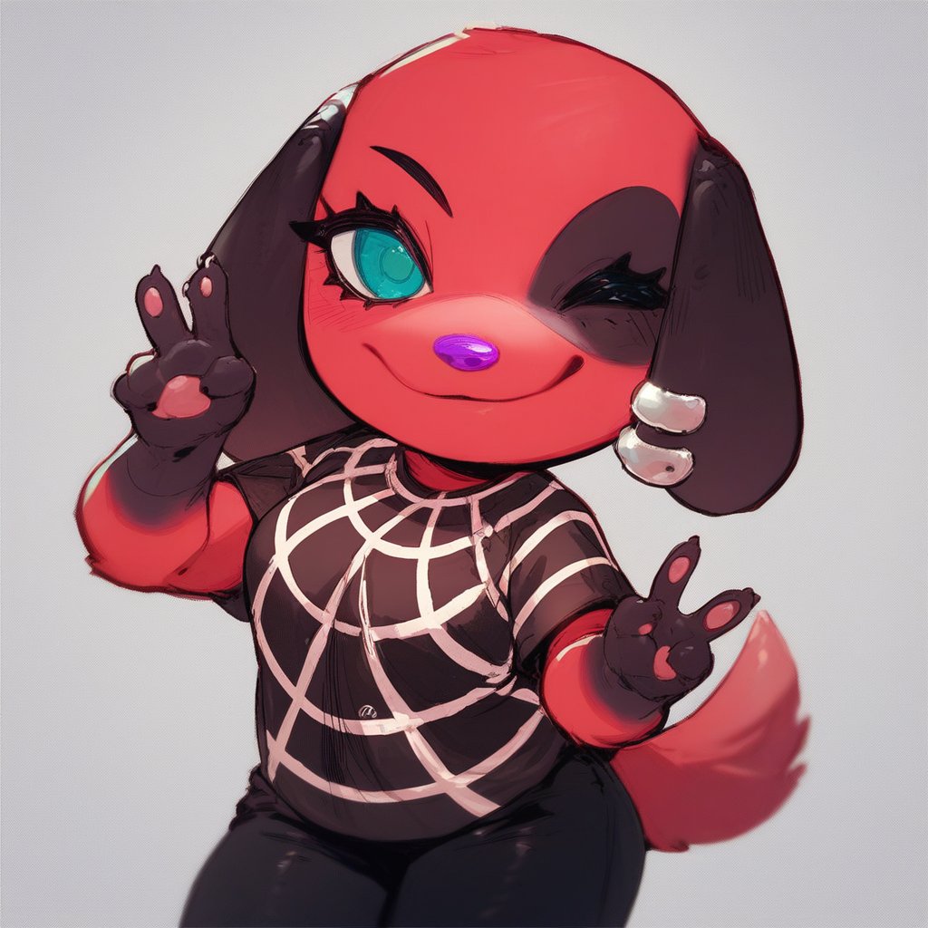 score_9_up, score_8_up, score_7_up, cherry (animal crossing), purple nose, red fur, teal colored eyes, furry, furry female, dog girl, ear piercing, webbed shirt, black pants, v sign, smile, wink, 1girl