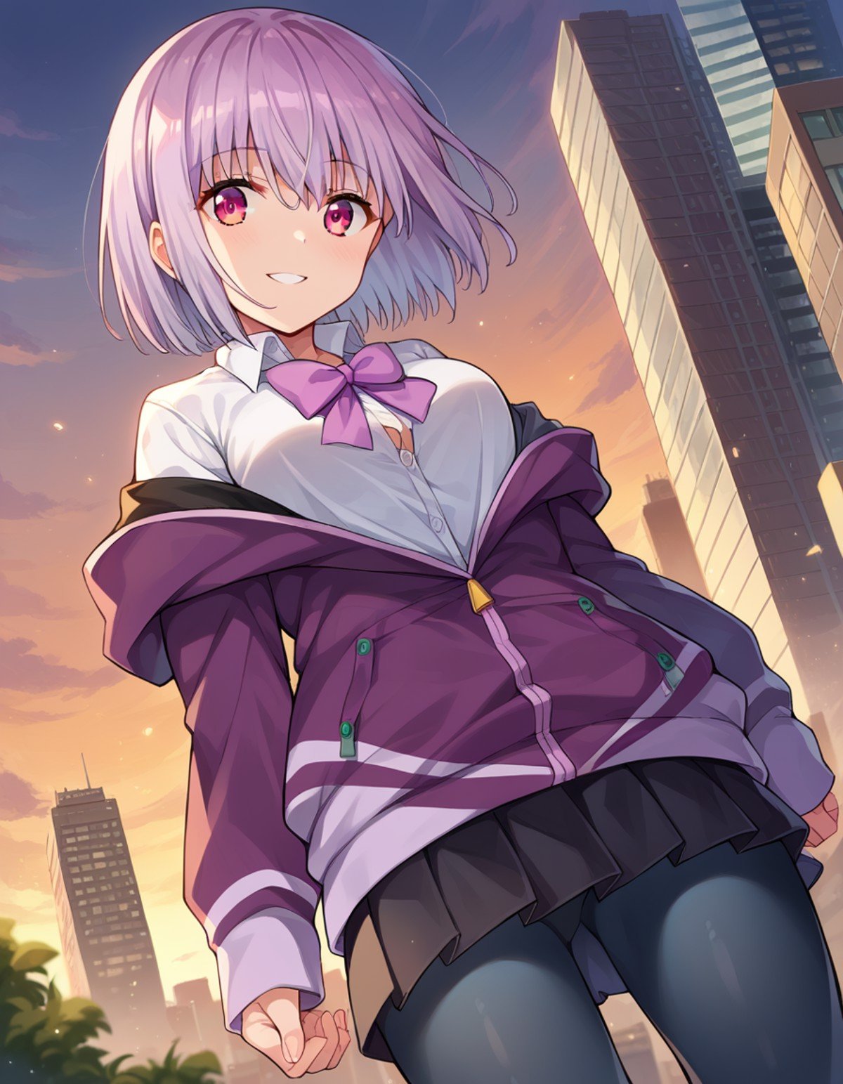 score_9, score_8_up, score_7_up, source_anime,akaneshinjou, <lora:akane-shinjou-ponyxl-lora-nochekaiser:1>,shinjou akane, light purple hair, pink eyes, short hair, smile,black pantyhose, bow, collared shirt, hood, hooded jacket, jacket, open clothes, open jacket, open shirt, pantyhose, purple bow, purple jacket, school uniform, shirt, sleeves past wrists, unbuttoned shirt, white shirt,outdoors, cityscape,looking at viewer, cowboy shot, dutch angle,