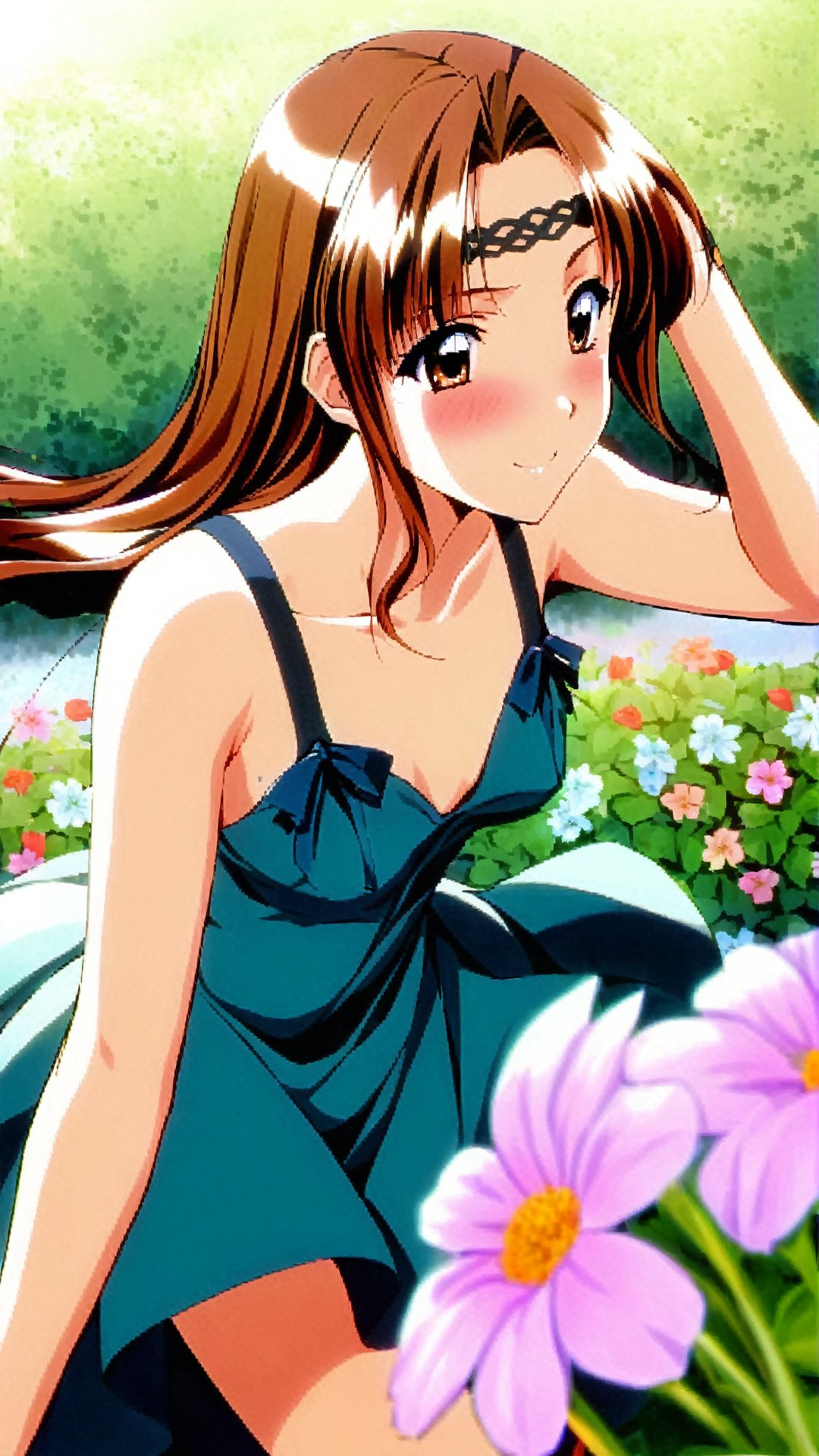 Endou Akira, Brown Hair, Headband, Long Hair, Brown Eyes,summer dress, (nsfw), (uncensored), (score_9), score_8_up, score_7_up, score_6_up, score_5_up, source_anime, cowboy shot, dynamic pose, 1 girl, solo, happy smile joy, blush, ashamed, shy, sexy, charming, alluring, seductive, enchanting, erotic,((outdoors)), ((flower garden)), ((flowers)), ((many flowers)), spring petals, petals of flowers, spring, falling petals, flying butterflies<lora:EMS-381990-EMS:0.800000>