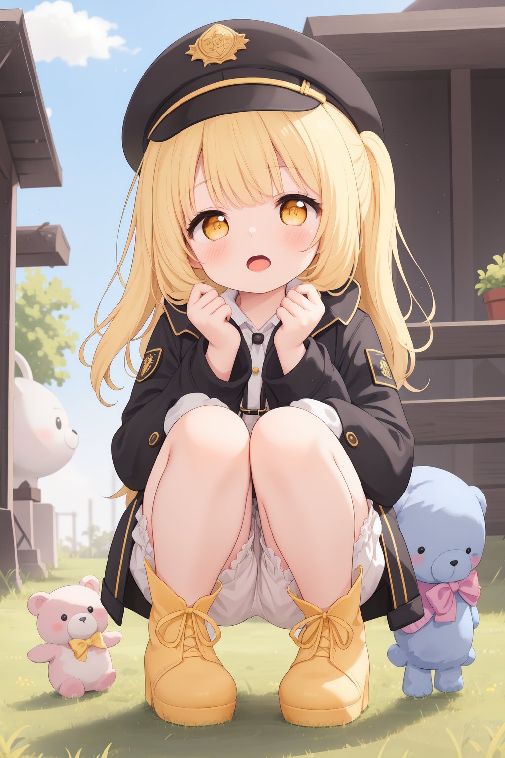 1girl,solo,blonde hair,sleeves past wrists,long hair,sleeves past fingers,bloomers,underwear,yellow eyes,hat,black headwear,blush,looking at viewer,squatting,stuffed animal,white bloomers,yellow boots,stuffed toy,open mouth,jacket,outdoors,bangs,black jacket,