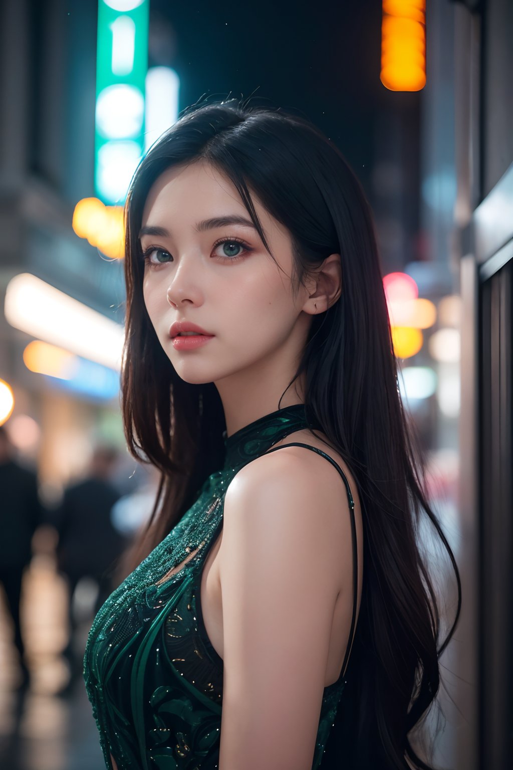 (extremely intricate:1.3), (realistic), photo of a girl in a bustling metropolis, weaving through crowded streets and dark alleyways, close up, Detailed clothes, green eyes, flowing hair, determined expression, shiny glossy skin, subsurface scattering, (sharp:0.7), amazing fine detail, Nikon D850 film stock photograph Kodak Portra 400 camera f1.6 lens, rich colors, lifelike texture, dramatic lighting, urban environment, skyscrapers, neon signs,  dynamic composition, unreal engine, trending on ArtStation, cinestill 800 tungsten, volumetrics dtx, (film grain, blurry background, blurry foreground, bokeh, depth of field, motion blur:1.3),<lora:GoodHands-beta2:1>