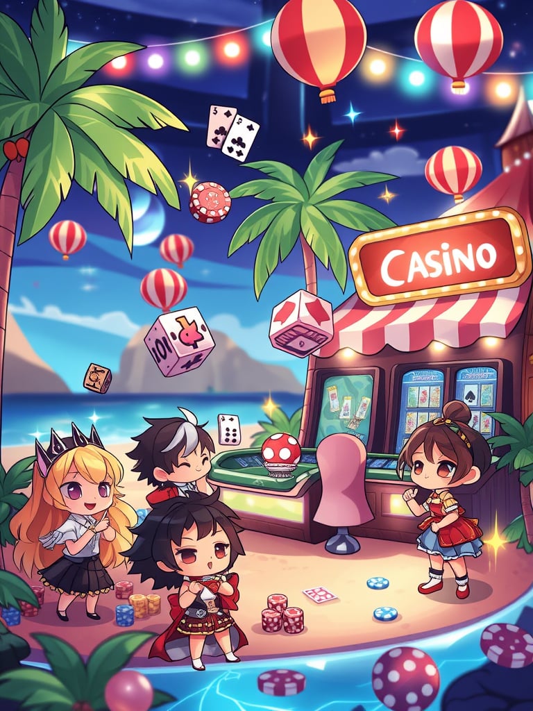 style_mix,  Whimsical chibi characters in a casino set on a tropical island, with palm trees, sparkling lights, and enchanted gaming elements like dice and cards floating in the air. The scene is bright, colorful, and full of playful energy. , <lora:album_cover:1>