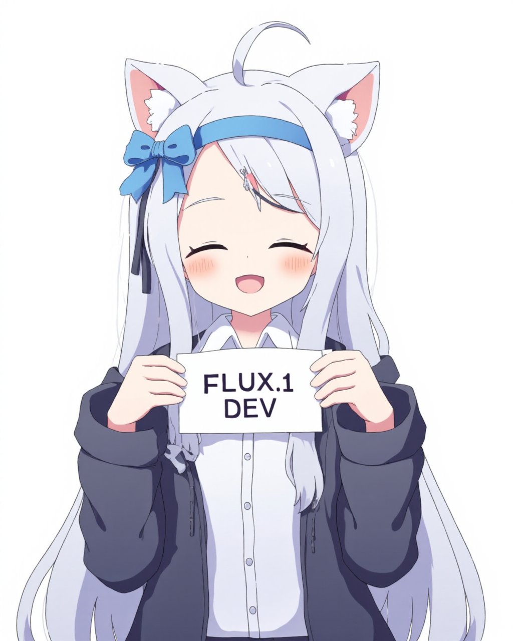 <lora:flux-ty:1.8>,Artist_tyomimas,loli,1girl,Artist Tyomimas, Loli, a single girl with sleeves extending past her wrists, faces the viewer. she sports animal ears and closed eyes, donning a white shirt against a white backdrop. her grey hair is adorned with a cat ear headband, and she smiles while holding a bow, exhibiting blush stickers and a hair ornament. wearing a hood that's down, she also has a blue bow in her long hair. clad in a black jacket over a collared shirt, the setting features a simple background. she holds up a sign with the text "FLUX.1 DEV", her hair parted between her eyes, secured by a hairclip. with long sleeves reaching past her fingers, her mouth is open, and the image focuses on her upper body. a sense of playfulness is captured in her ":d" expression, emphasized by the sign she's holding, and her hooded jacket rests open, revealing a hint of blush. whiskers accentuate her cat-like appearance, and her clothes are slightly open, adding to the casual charm.