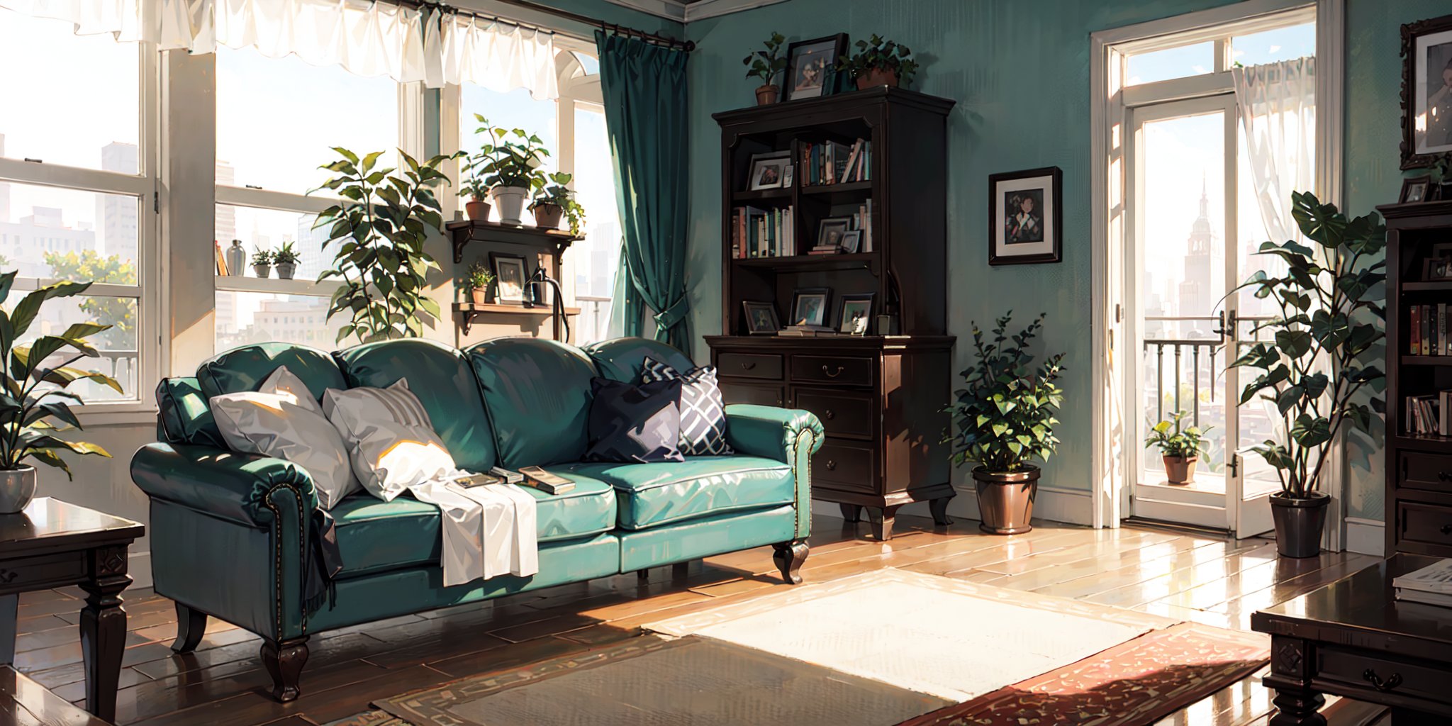 living room, couch, window, curtains, dappled sunlight, potted plant, table, cabinet,bookshelf, paper, desk lamp, typewriter, garden