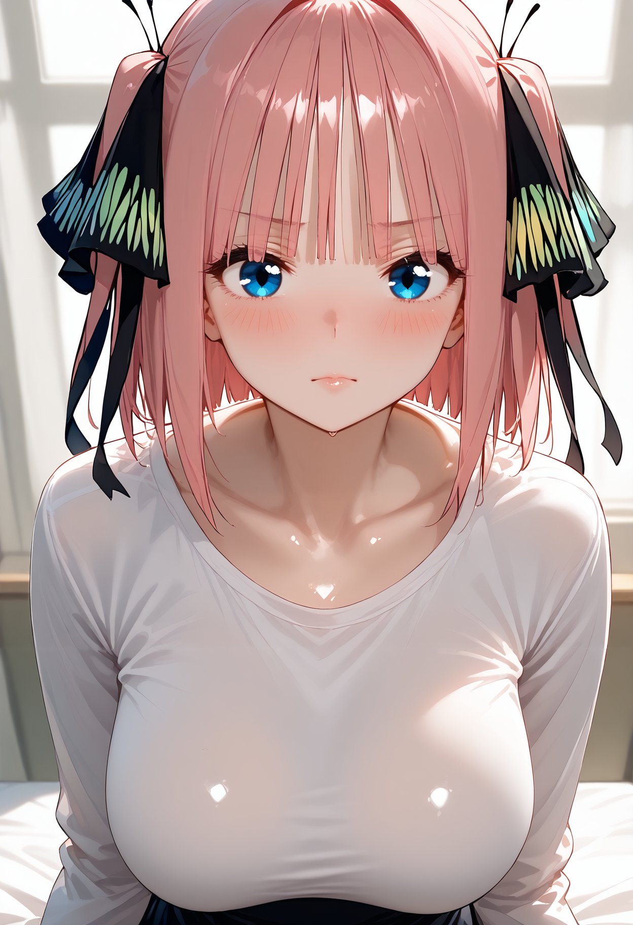 shiny skin, <lora:shiny_nai_pdxl:1> 1girl, nakano nino, butterfly hair ornament, skirt, bangs, hair ornament, blue eyes, blush, breasts, shirt, large breasts, solo, looking at viewer, ribbon, pink hair, white shirt, black ribbon, hair ribbon, closed mouth, long sleeves, blunt bangs, short hair, collarbone