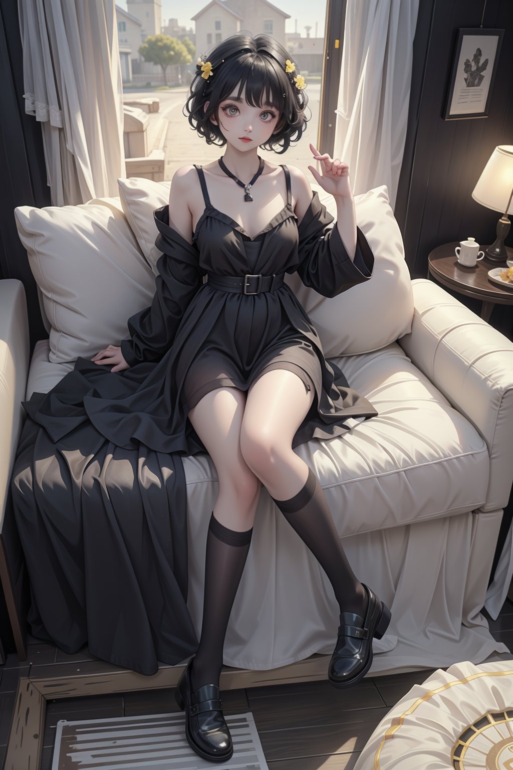 1girl,full body,sitting on chair,blue short curly hair,yellow eyes,black shirt,black long dress,black stocking,black loafers,