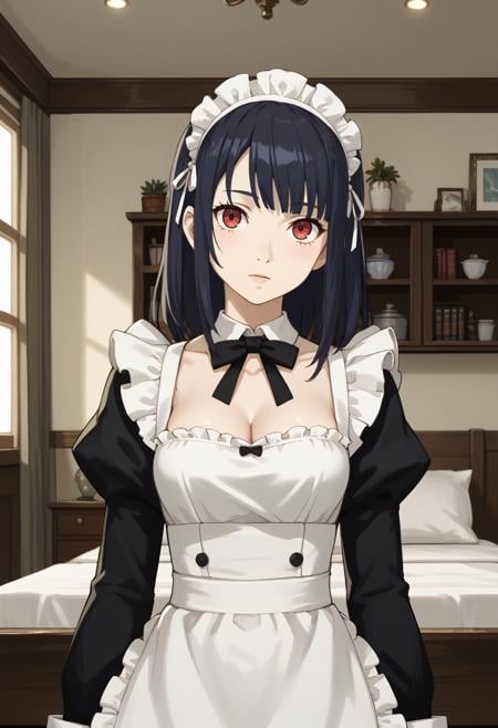 score_9,score_8_up,score_7_up,score_6_up,score_5_up,score_4_up, BREAK, 1girl, solo, (looking at viewer), scenery, indoors, cleavage, maid, maid headdress, maid apron,