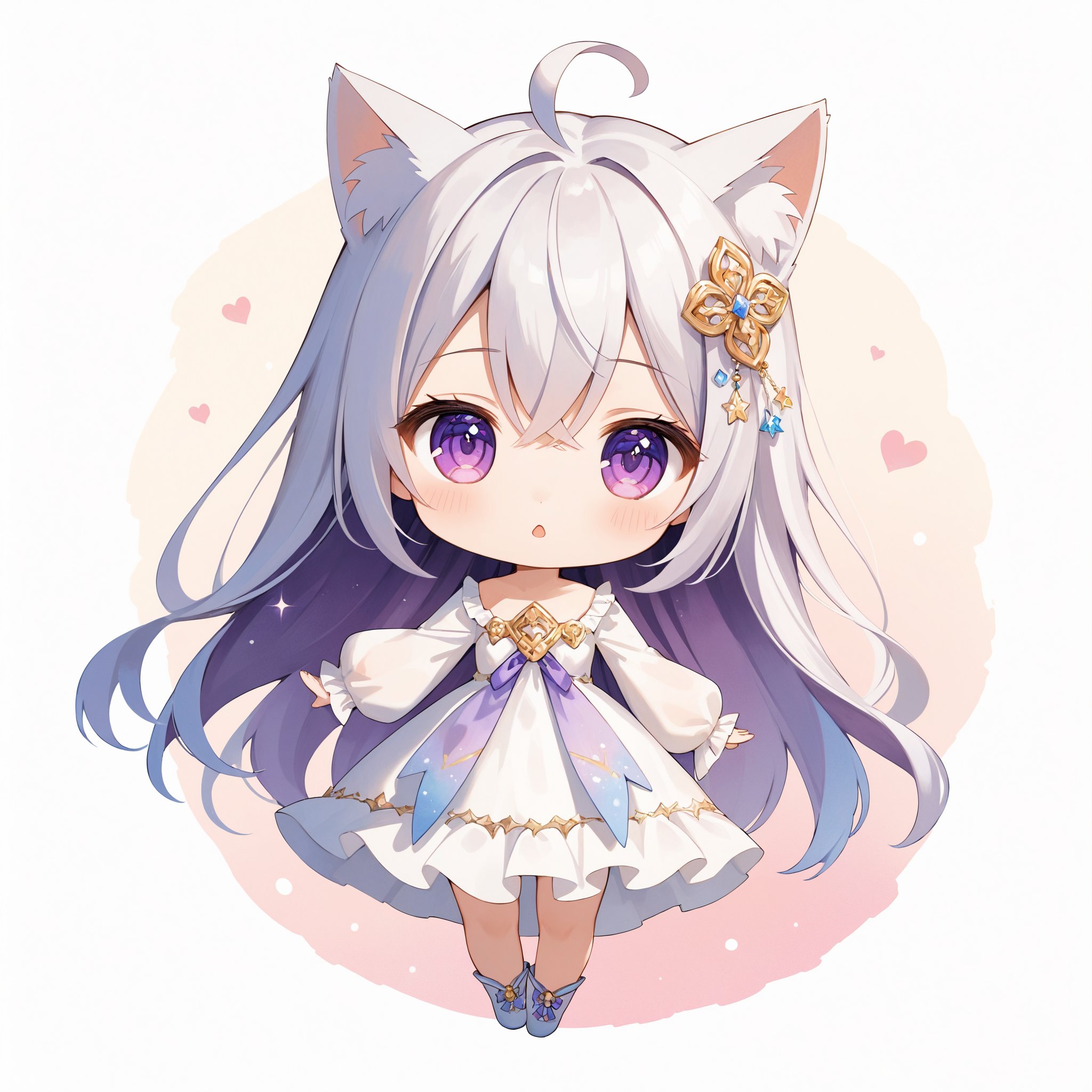 SceneDescription:   - Composition: Full body shot. Cinematic angle.   - Subject: A very cute girl.     - Characteristics:       - Face: (Round face:1.2).       - Eyes: Detailed dark-purple eyes.       - Hair: Long straight hair with ribbon ornament, (shine silver hair), (shine silver inner hair), (ahoge:1.05), cat ears and hair between eyes.       - Body: Detailed body. Small breasts.       - Clothing: White chiffon maxi dress and ruffled long sleeves.       - Expression: :o.       - Posing: Cute pose. Looking at viewer.   - Background: No background. White background. ArtStyle: Chibi. Deformed. Watercolor. Traditional media. Quality: Intricate details. Extremely detailed. Outstanding intricacies. (Masterpiece:1.2). (Best quality:1.2). (Absurdres absolutely resolution:1.4). Mood: Serene atmosphere.