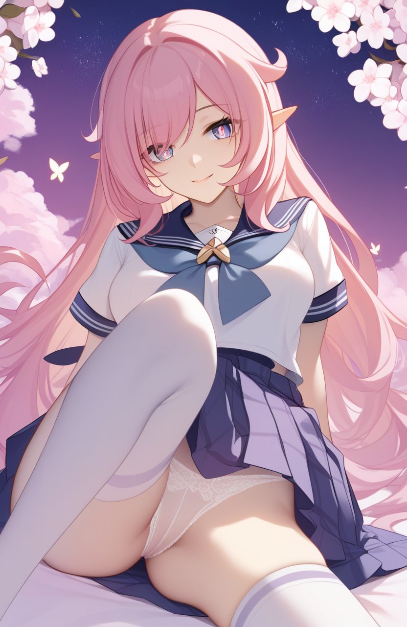 <lora:爱莉希雅pony-000010:1>,elysia (honkai impact),a girl named elysia (honkai impact),school uniform,white legwear,star \(sky\),smile,looking at viewer,wariza,, (score_9,score_8_up,score_7_up),(masterpiece,best quality,high quality:1.2),absurdres, 4k, uncensored, prefect lighting, rating_explicit, very aesthetic, anime BREAK