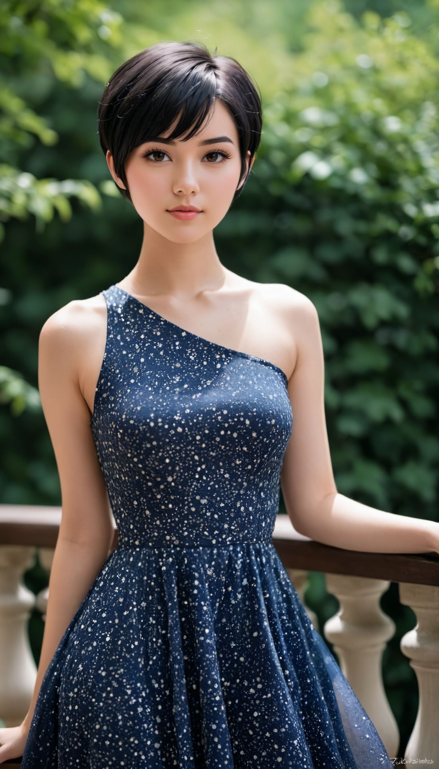 18 years old black hair beautiful woman, pixie cut, wearing dress, looking at viewer, Canon EOS R, 1/500s, f/4, ISO 400, RAW photography, professional grade