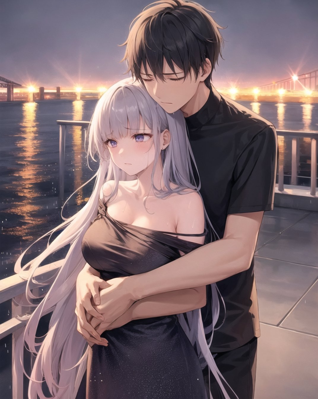 (1boy, 1girl),looking down, long dress, long hair,outdoors, raining, soaking wet, storm, heavy rain, railing, bridge, crying, mature body, medium breasts,(hug from behind:1.2), sad expression,<lora:HUGGY-000008:0.7>