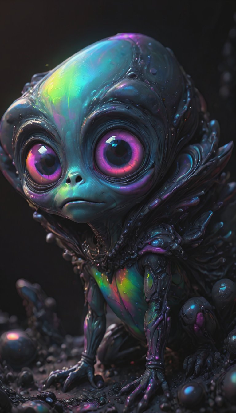 a cute alien creature, crayon caricature, in mix stylle, colorful, dark noir, studio lighting, masterpiece, best quality, ray tracing reflection, sharp focus, shallow depth of field detailed background, realistic, ISO 100, 55mm lens, 16k.  <lora:IOS_Iridescent_opal_style:0.8>