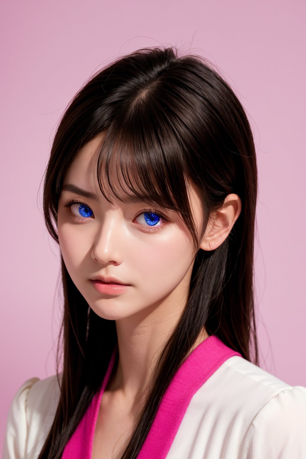 <lora:AgainEyes:2>,1girl,black hair,portrait,white dress,blue eyes,shining eyes,(pink simple background:1.25),