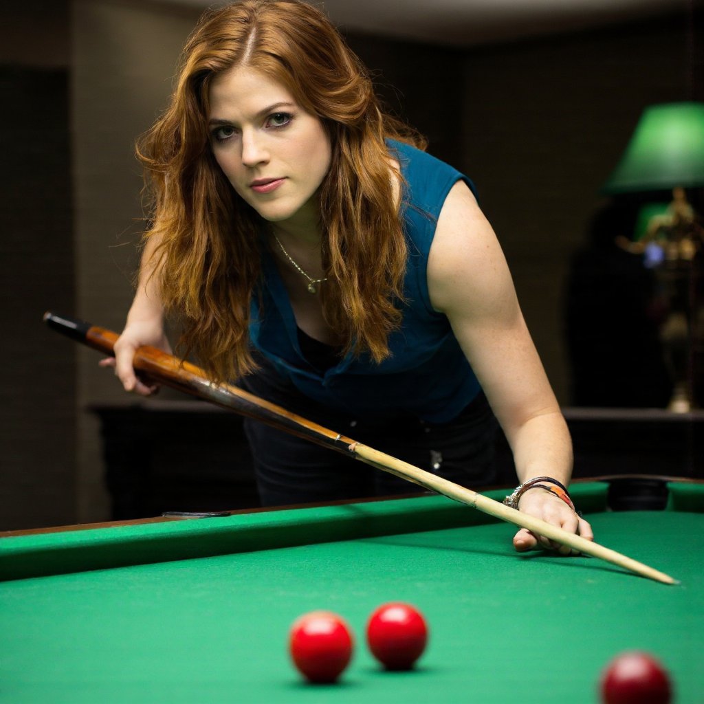 A portrait of rose_leslie playing pool. She leans over a green pool table, holding a pool cue. She wears a blue tank top and black pants. Her blonde hair is styled in loose waves, and she has a confident expression. The pool table is marked with red and white balls. The background shows a dimly lit room with a pool table and a green lamp. The image is well-lit, highlighting the woman and the pool table. There is a watermark in the top right corner.