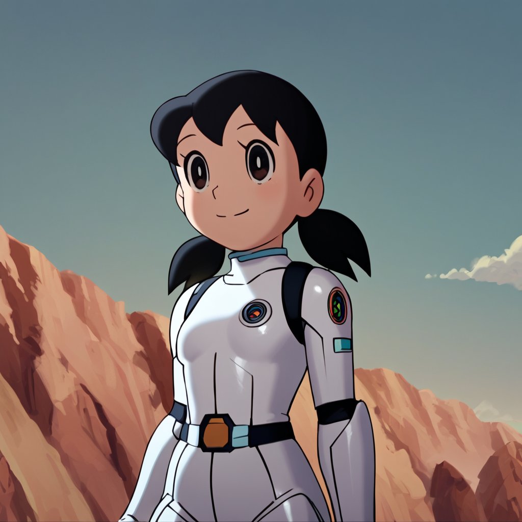 score_9, score_8_up, score_7_up, score_6_up, score_5_up, score_4_up, source_anime,minamoto shizuka, black hair, twintails, cowboy shot, 1girl, solo, smile, Girl in a spacesuit stepping onto the surface of Mars, Earth visible in the distance, vast red landscape, futuristic colony in the background, sense of wonder and exploration, epic sci-fi scene, hyper-realistic detail,masterpiece, perfect face, best quality, beautiful girl, cute girl, beautiful eyes, shiny eyes, anime coloring, anime screencap, absurdres, <lora:minamoto shizuka dskb 920:1>