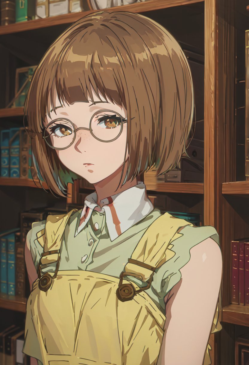 best quality, masterpiece, highres, solo, (erica_brown_violetevergarden:1.10), 1girl, sleeveless, upper body, collared shirt, looking at viewer, blunt bangs, green shirt, bookshelf, overalls, anime_style, 1 <lora:erica_brown_violetevergarden:0.80>