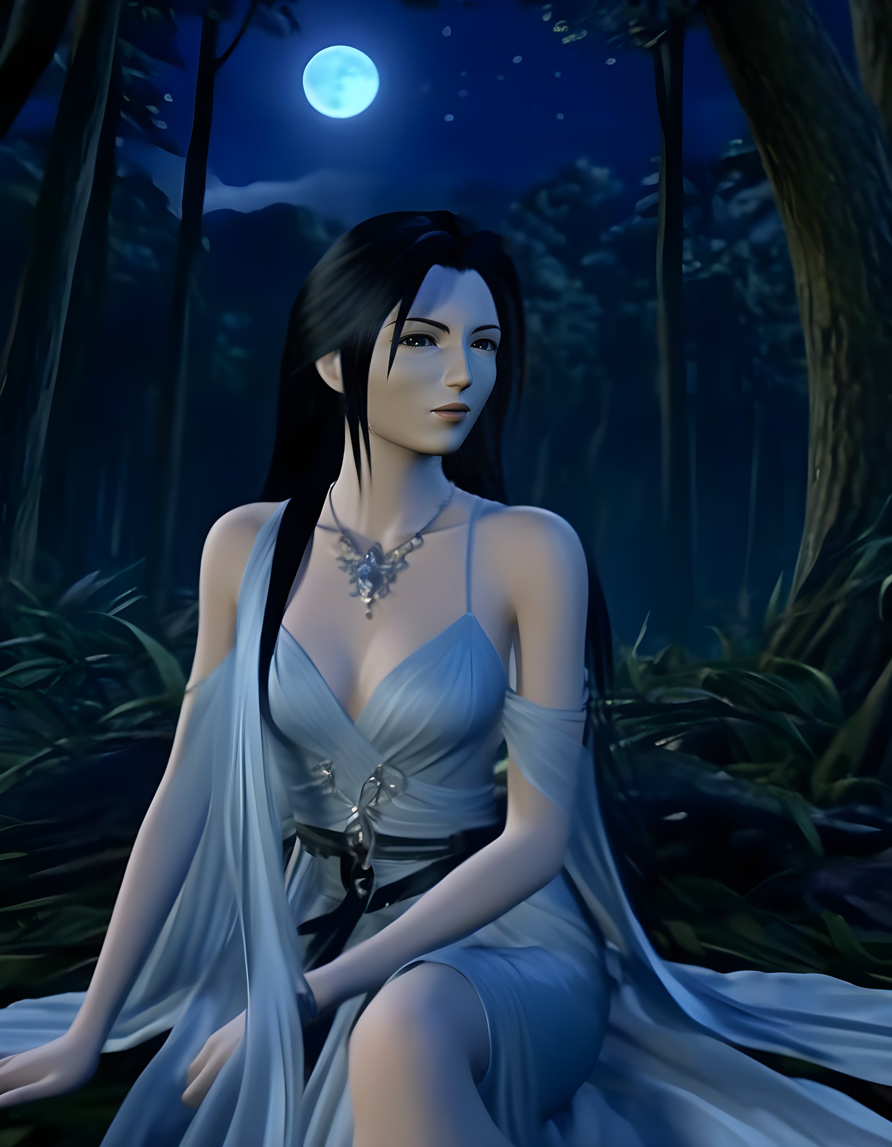 ff8_style, In a captivating FF8-inspired scene, a woman with raven-black hair cascading down her back, adorned in an exquisite outfit of flowing silk and intricate jewelry, poses confidently against the backdrop of a moonlit forest clearing. Her closed mouth is set in a calm, mysterious expression as she gazes intently into the viewer's eyes, the soft glow of distant campfires casting warm, ethereal light upon her enigmatic visage, creating an atmosphere of quiet strength and allure.