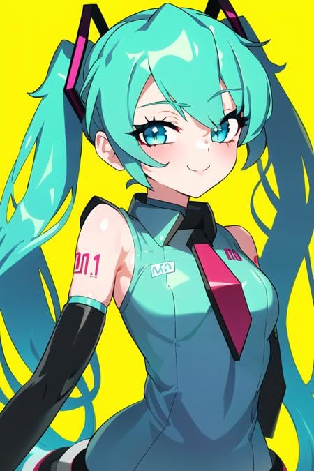 (best quality, masterpiece1.2), detailed,1girl, solo,looking at viewer,simple background, , uwu,   curvy, upper body,  close-up,yellow background,standing ,smile ,detailed eyes  , adorable face , cute, hatsune miku, log eyelashes,<lora:beautifulDetailedEyes:0.3>,elbow hand out of frame, <lora:drunkoakStyle-24:1>,drunkoak,