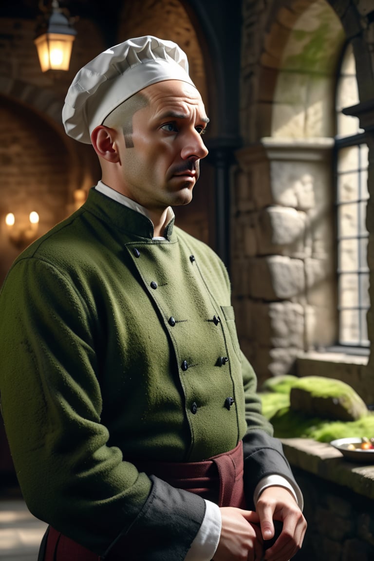 masterpiece of photorealism, photorealistic highly detailed professional 8k raw photography, best hyperrealistic quality, volumetric real-time lighting and shadows, Zoom Out Shot, Male Chef, Photographer's Body Shape, Sherlock Holmes Detective Outfit, Bald Head (Shaved), Looking Thoughtful or Pensive, Moss-Covered Stone Walls in Castles, background full of busy people