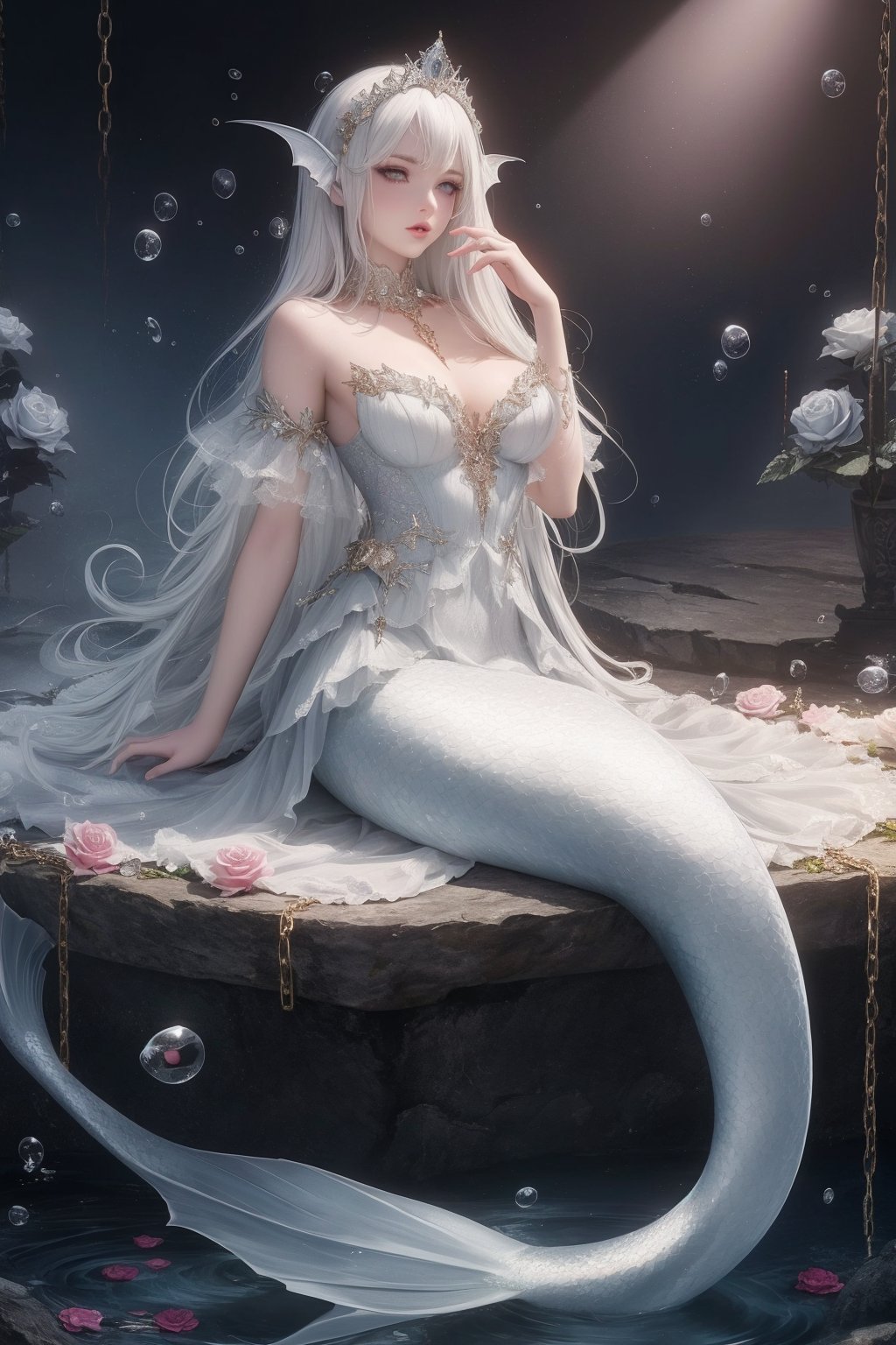 1girl,mermaid,solo,monster girl,long hair,head fins,scales,flower,chain,fins,sitting,white flower,white hair,breasts,bubble,tiara,parted lips,grey eyes,dress,white dress,rose,, best quality,masterpiece,highres,official art,extremely detailed cg unity 8k wallpaper,