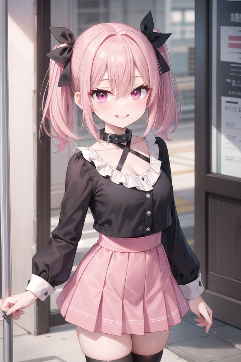 <lora:talkmouth_I_type2_v100:1>insanely detailed, absurdres, ultra-highres, ultra-detailed, best quality,1girl, solo, nice hands, perfect handsBREAKjirai kei,thighhighs, skirt, twintails, pink skirt, collar, bow, black thighhighs, black bow, long hair, pink bow, hair bow, spiked collarBREAK(nsfw:-1.5)BREAKsmile, open mouthBREAK,standing, cowboy shot, looking at viewerBREAKslender, kawaii, perfect symmetrical face, ultra cute girl, ultra cute face, ultra detailed eyes, ultra detailed hair, ultra cute, ultra beautifulBREAKin japanese street, cityscape in japan, depth of field, ultra detailed backgroundBREAKmedium breastsBREAKpink hair, pink eyes, short hair, hair between eyes