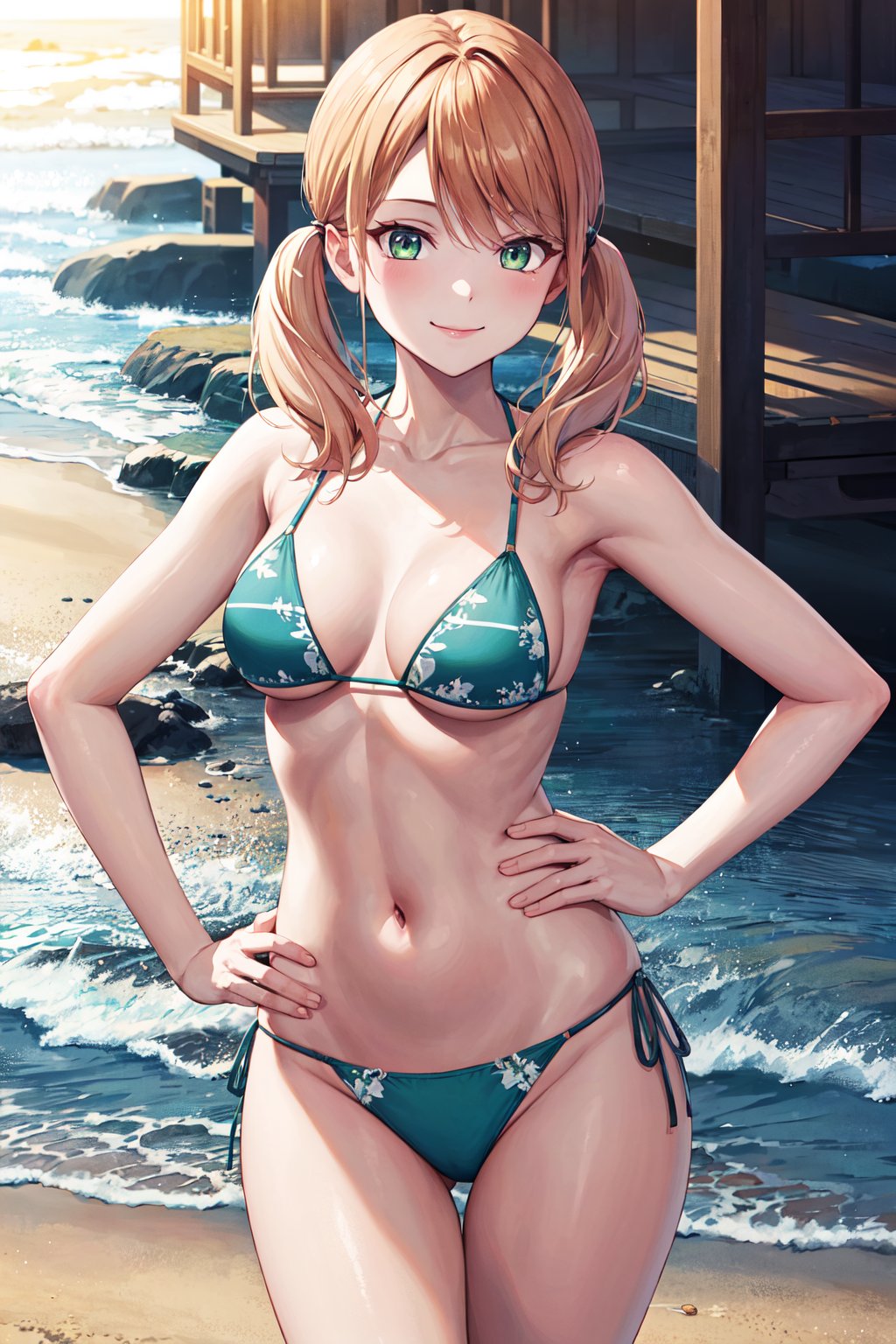 masterpiece, best quality, highres, 1girl, solo, blonde hair, low twintails, green eyes, <lora:tsukishima_riho_v1:0.7>, micro bikini, beach, bare bare shoulders, smile, hand on hip, cowboy shot, standing