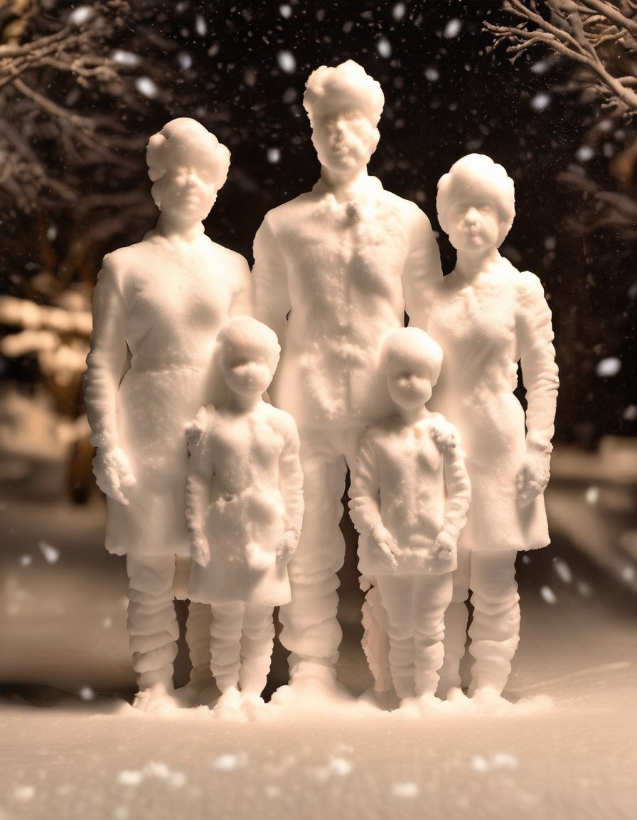 <lora:Aether_Snow_v1_SDXL_LoRA:1.0> award-winning photo of a family made of snow, cinematic
