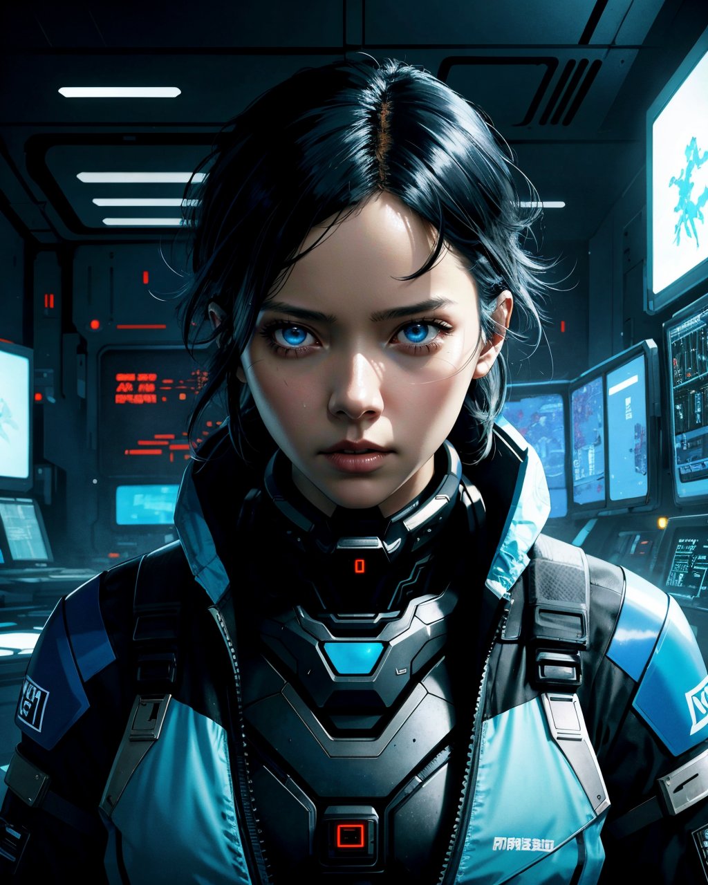 digital illustration,Yoji Shinkawa,Greg Rutkowski,sci-fi,futuristic control room,female character,black hair,blue eyes,cyberpunk,glowing blue accents,retro-futuristic technology,serious expression,cold lighting,low camera angle,tense atmosphere,high-stakes mission,, ,<lora:GoodHands-vanilla:1.2>,masterpiece, best quality, no default,