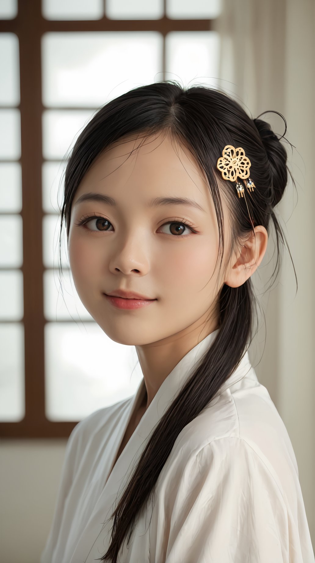 (hanfu:1.4),(score_9,score_8_up,score_7_up),18-year-old chinese hanfu girl,realistic,oval face,backlight,chinese hair pin,(cure smile:0.6),upper_body,