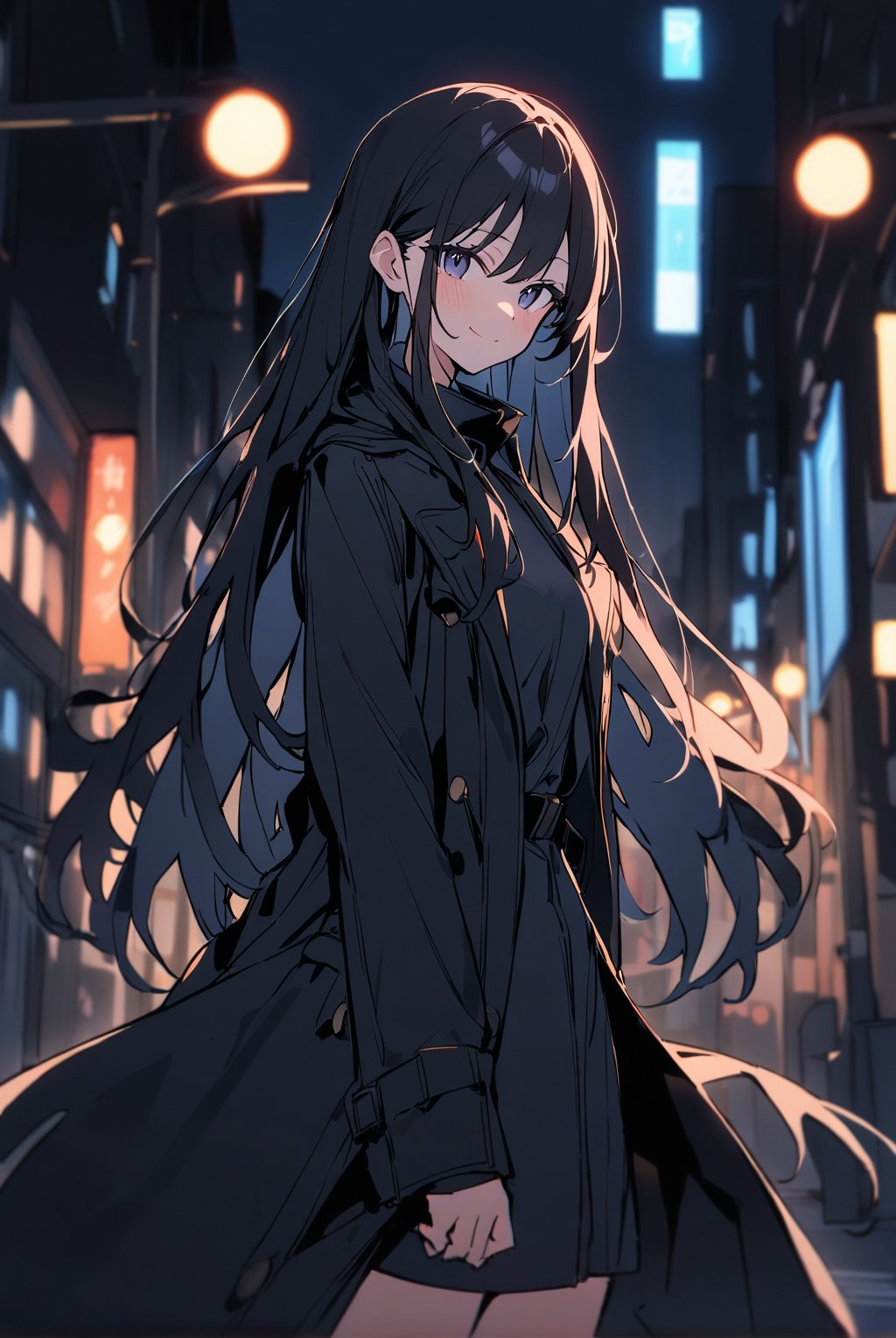 1girl, solo, teen, cowboy shot, (depth of field:1.2), (night), (long coat), downtown, (street light:1.1), (Fantastic lighting), looking at viewer, black hair, long hair, [smile], (Closed mouth), best quality, newest, absurdres