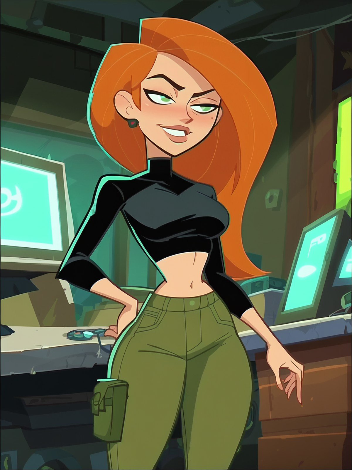 score_8_up, score_7_up, 1girl, kim possible, ginger, black turtleneck, navel, cargo pants, seductive smile, narrow waist, dark futuristic secret base interior, computers, glowing display, cartoon screencap