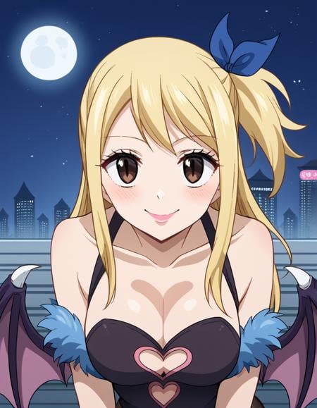 score_9, score_8_up, score_7_up, source_anime, lucyheartfilia, <lora:lucy-heartfilia-s7-ponyxl-lora-nochekaiser:1>, lucy heartfilia, blonde hair, brown eyes, long hair, one side up, ribbon, hair ribbon, blue ribbon,, <lora:morrigan-aensland-cosplay-ponyxl-lora-nochekaiser:1>, morriganaenslandcosplay,head wings, lipstick, makeup, animal print, bat print, bat wings, black leotard, cleavage, clothing cutout, demon girl, fur trim, fur-trimmed leotard, heart cutout, leotard, low wings, pantyhose, print pantyhose, purple pantyhose, wings, bare shoulders, collarbone,, outdoors, cityscape, night, moon, bent over, smile, blush,, cowboy shot, dutch angle,