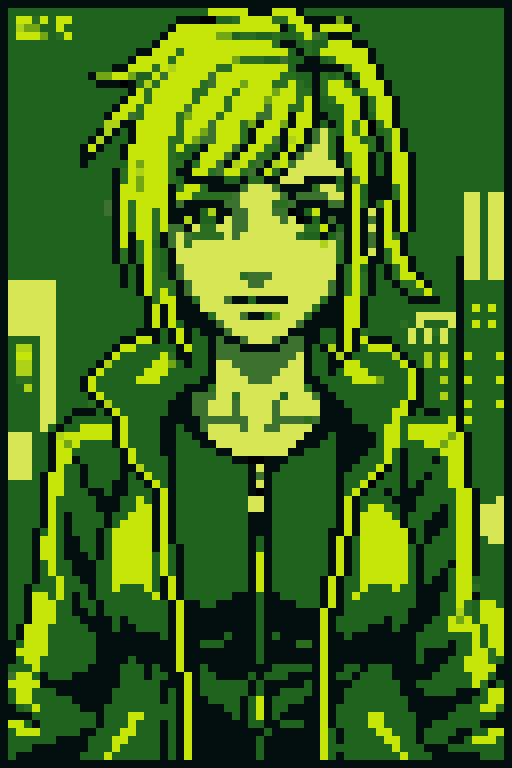 <lora:Gameboy Palette Style:0.4> green theme, limited color, gb_palette, masterpiece, best quality, 1girl, cyberpunk, wearing cyberpunk open jacket, upperbody, pixelart