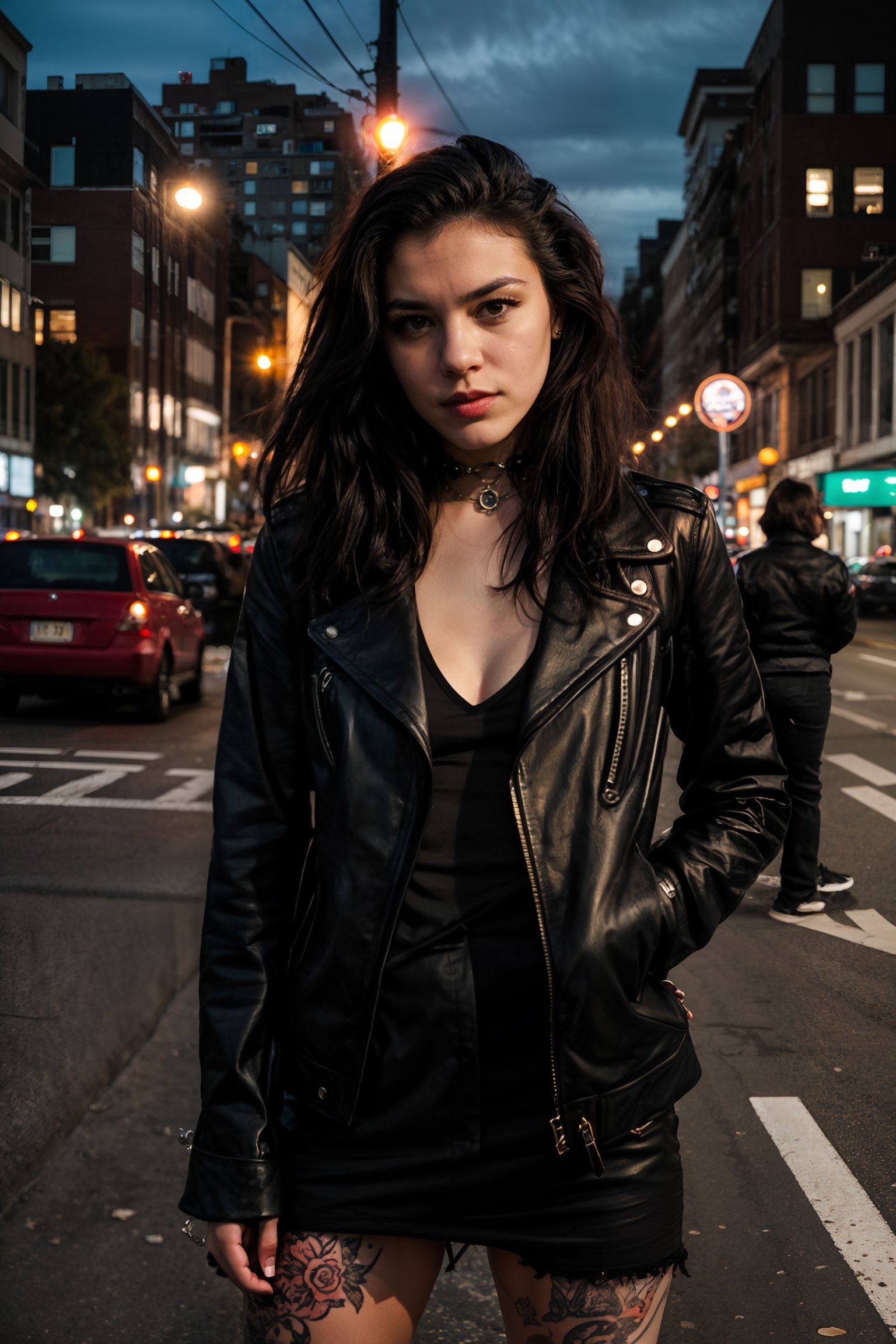 portrait Photo of a mean punk girl in the city at night, <lora:epi_noiseoffset2:1>