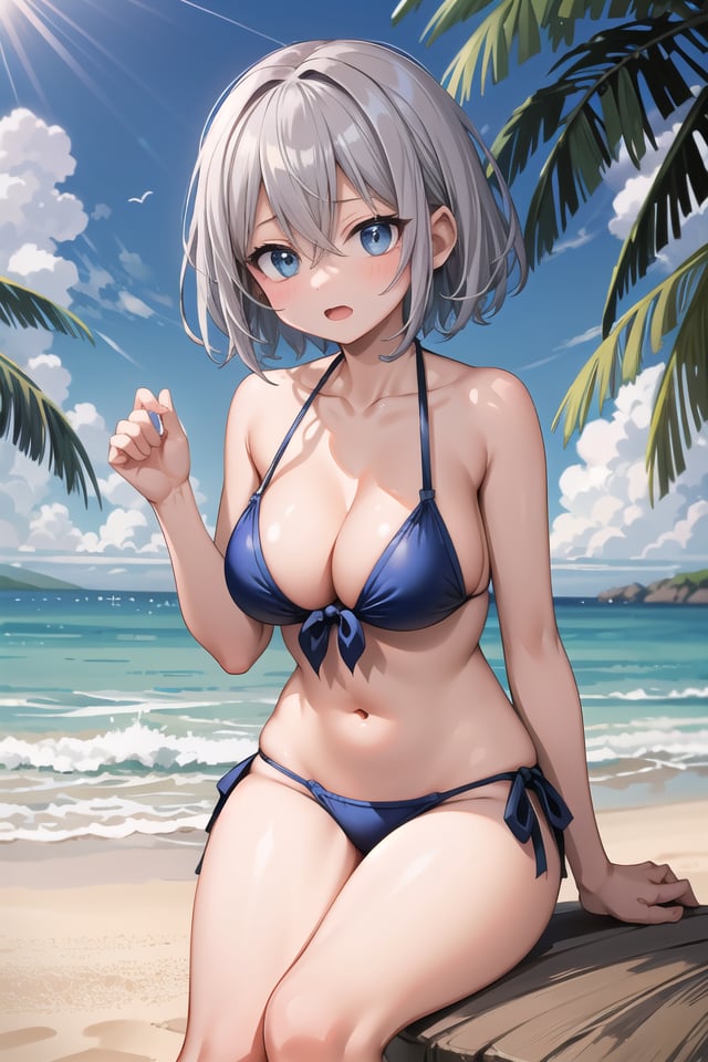 insanely detailed, absurdres, ultra-highres, ultra-detailed, best quality,1girl, solo, nice hands, perfect handsBREAK(pastel colored bikini:1.3)BREAKexpressionless, open mouth,sitting on sand of beach, seductive pose, cowboy shotBREAKslender, kawaii, perfect symmetrical face, ultra cute girl, ultra cute face, ultra detailed eyes, ultra detailed hair, ultra cute, ultra beautifulBREAK(at seashore, seaside, coast, beach, tropical, sky, blue ocean:1.2), depth of field, ultra detailed background, (very wide, panorama view, sense of depth, magnificent view:1.3)BREAKmedium large breasts, , extremely detailed navel,  (shiny skin:1.3)BREAKgrey hair, blue eyes, short hair, hair between eyes