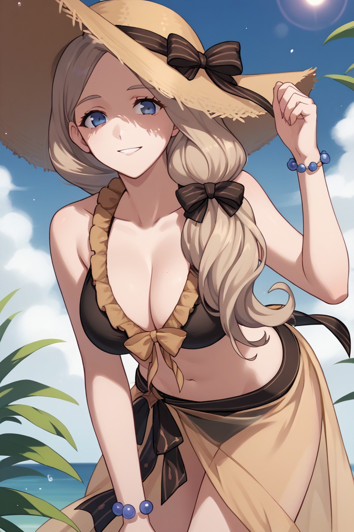 score_9, score_8_up, source_anime, 1girl, BREAK  <lora:mercedes-pdxl-nvwls-v1:1> sumMercie, low-tied long hair, hair over shoulder, sun hat, black bikini, frilled bikini, sarong, bracelet, light smile, leaning forward