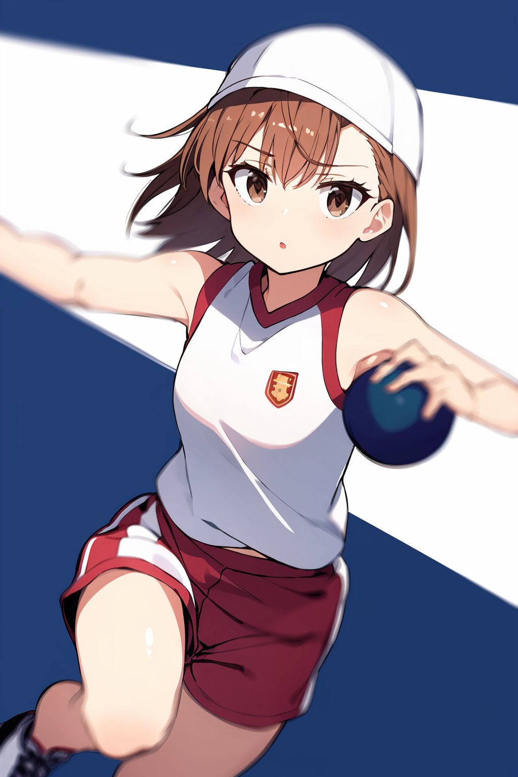 masterpiece, best quality, <lora:misakaimouto:1>,1girl, solo, brown hair, shorts, brown eyes, white shorts, misaka mikoto, short hair, white background, sleeveless, sportswear, simple background, ball, shoes, jitome, shirt, hat, running, sleeveless shirt, sneakers, white shirt, armpits, bare shoulders, motion blur, misaka imouto, throwing, bare arms, armpit peek, gym uniform