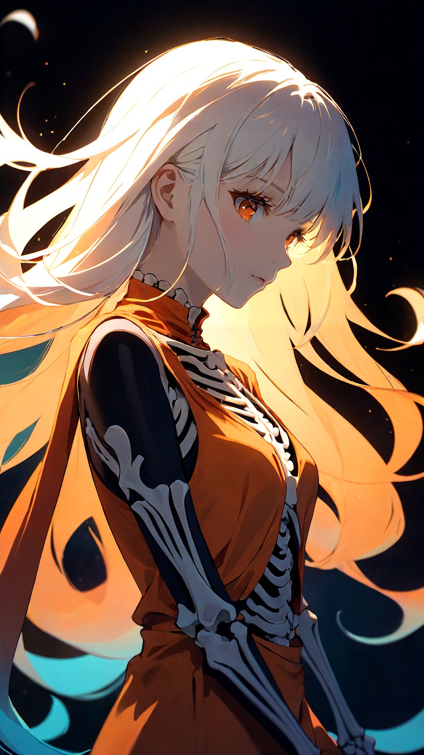 Masterpiece,high quality,(solo:1.2),((1girl)),(((human skeleton | girl))),(white hair:0.3),cinematic light,orange clothes,detailed environment,1girl,solo,reflection,upper body,sunlight,(White hair:1.2),very long hair,wide sleeves,Deep photo,depth of field,shadows,messy hair,seductive silhouette play,dark,nighttime,dark photo,grainy,dimly lit,bangs,Cinematic Lighting,Tyndall effect,abstract background,vibrant colors,modern style,artistic,dynamic composition,unique patterns,bold textures,colorful,lively,youthful,energetic,creative,expressive,stylish,trendy,white_marble_glowing_skin,